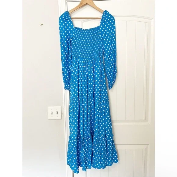 Anthropologie Dolan Laney Smocked Polka Dot Midi Casual Dress Blue size 2X - Picture 8 of 14